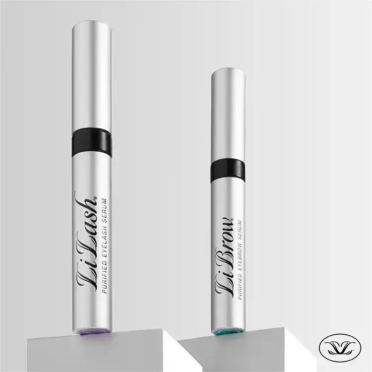 LiLash eyelash serum and LiBrow eyebrow serum in sleek silver tubes for longer, fuller lashes and defined brows