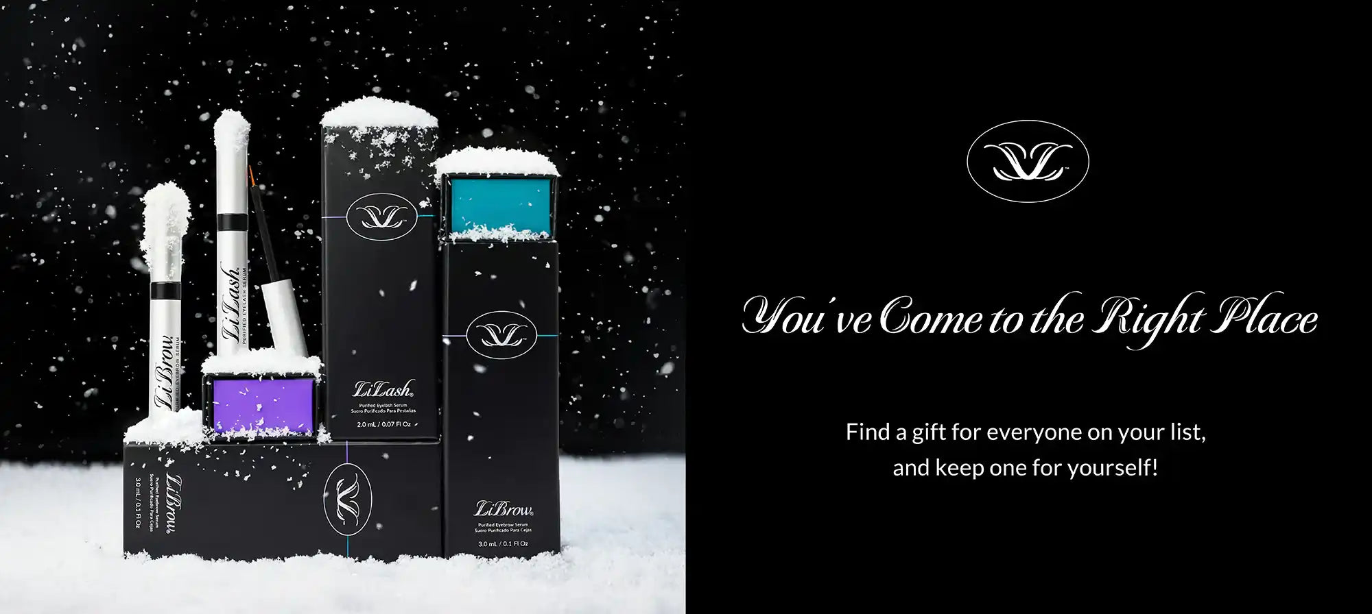 LiLash & LiBrow serums in snow-dusted black packaging, perfect for holiday gifting and lash & brow enhancement