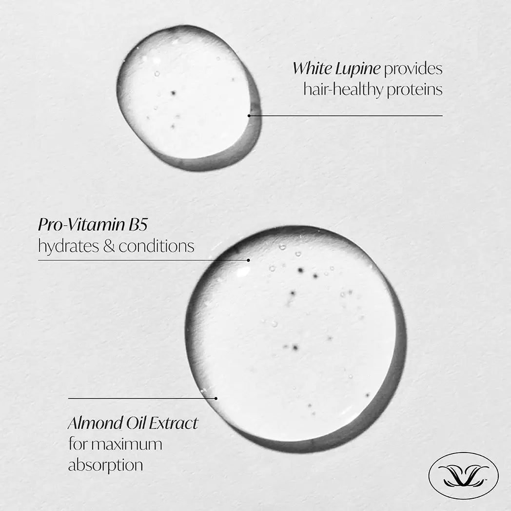 Close-up of serum droplets with White Lupine, Pro-Vitamin B5, and Almond Oil Extract for lash and brow care