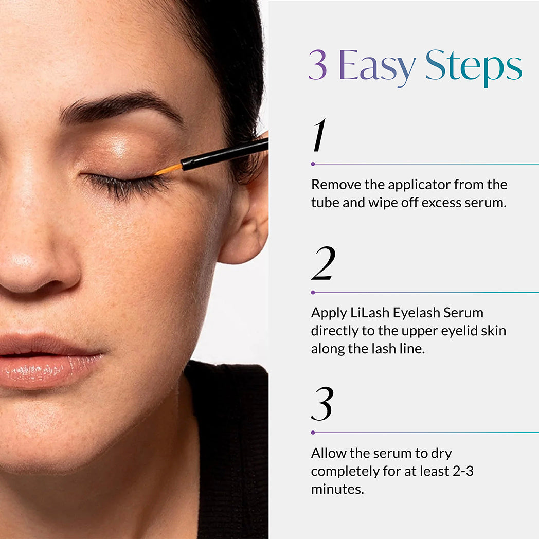 Woman applying eyelash serum with a brush, accompanied by step-by-step instructions on a white background.