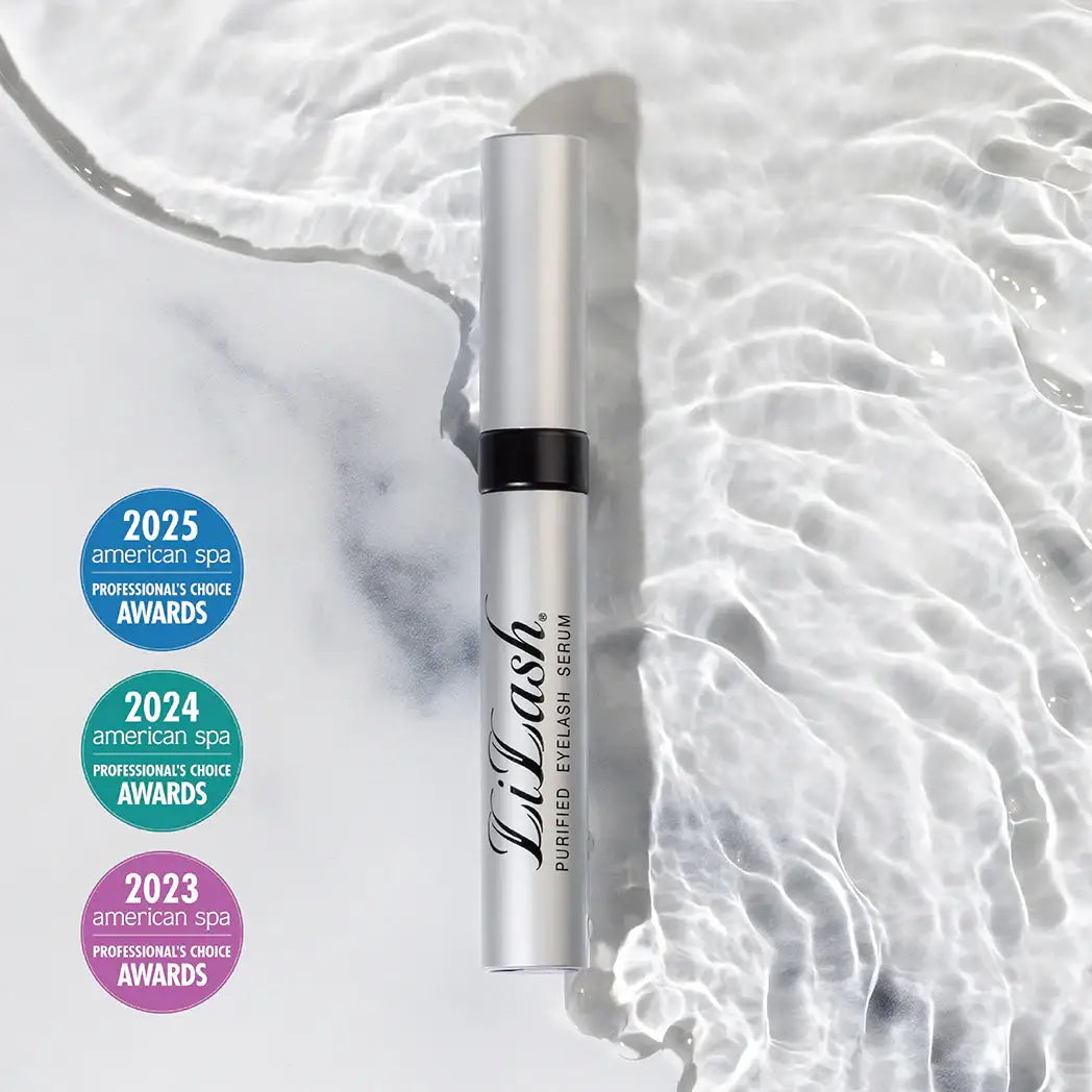 LiLash Purified Eyelash Serum with 2023-2025 American Spa Awards, set on marble and water texture
