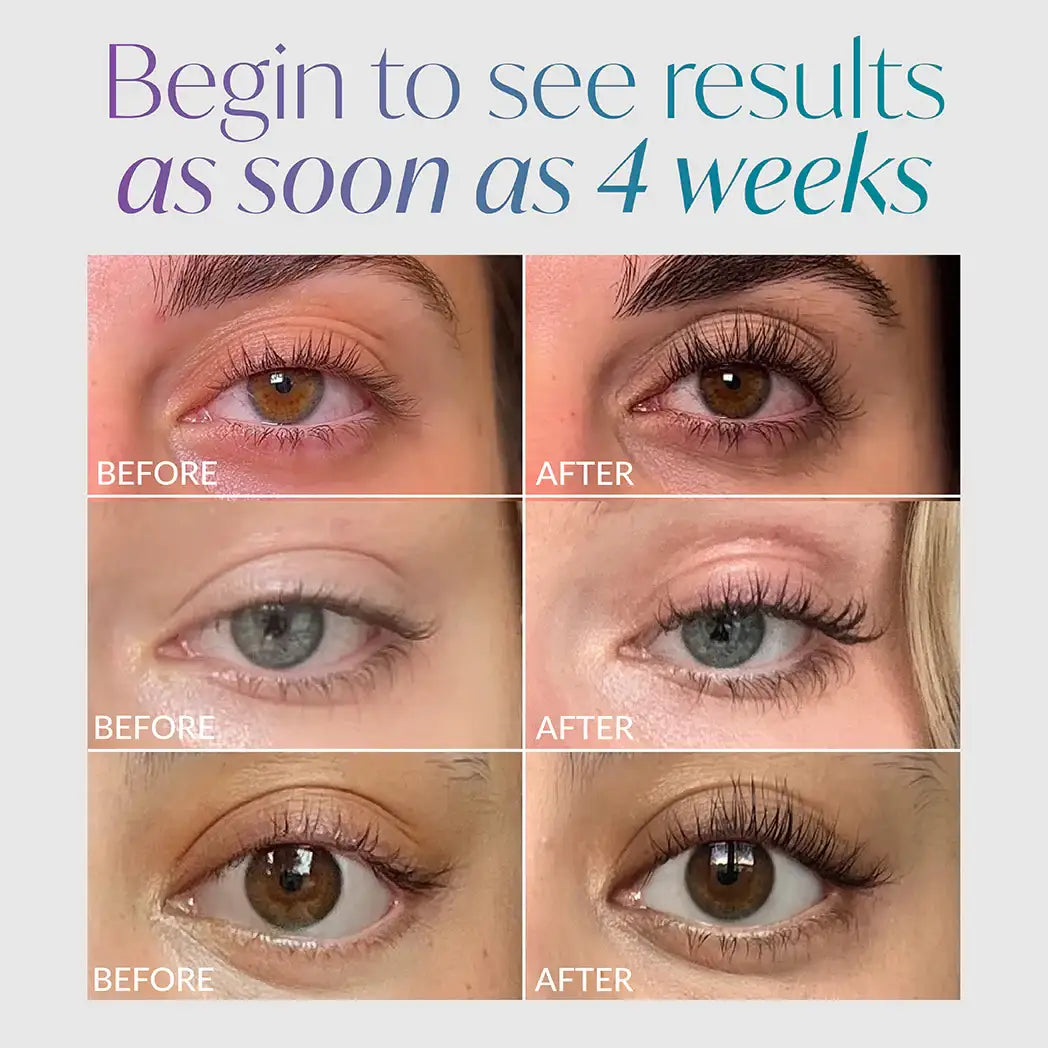 Before and after eyelash growth results in 4 weeks, showing longer, fuller lashes