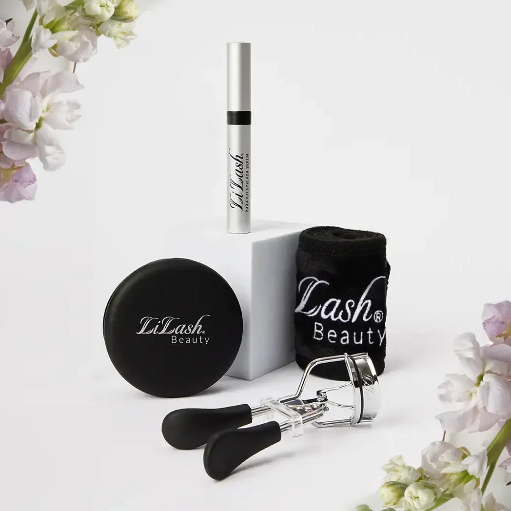 LiLash Beauty lash serum, eyelash curler, and branded accessories with soft flowers for natural lash care