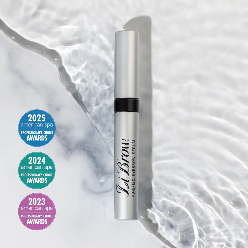 LiBrow purified eyebrow serum with award badges on marble background