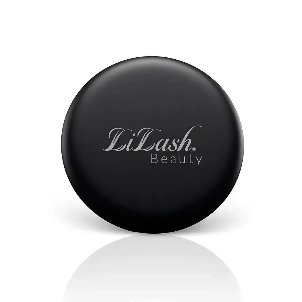 Round black compact mirror with Lilash Beauty logo on white background