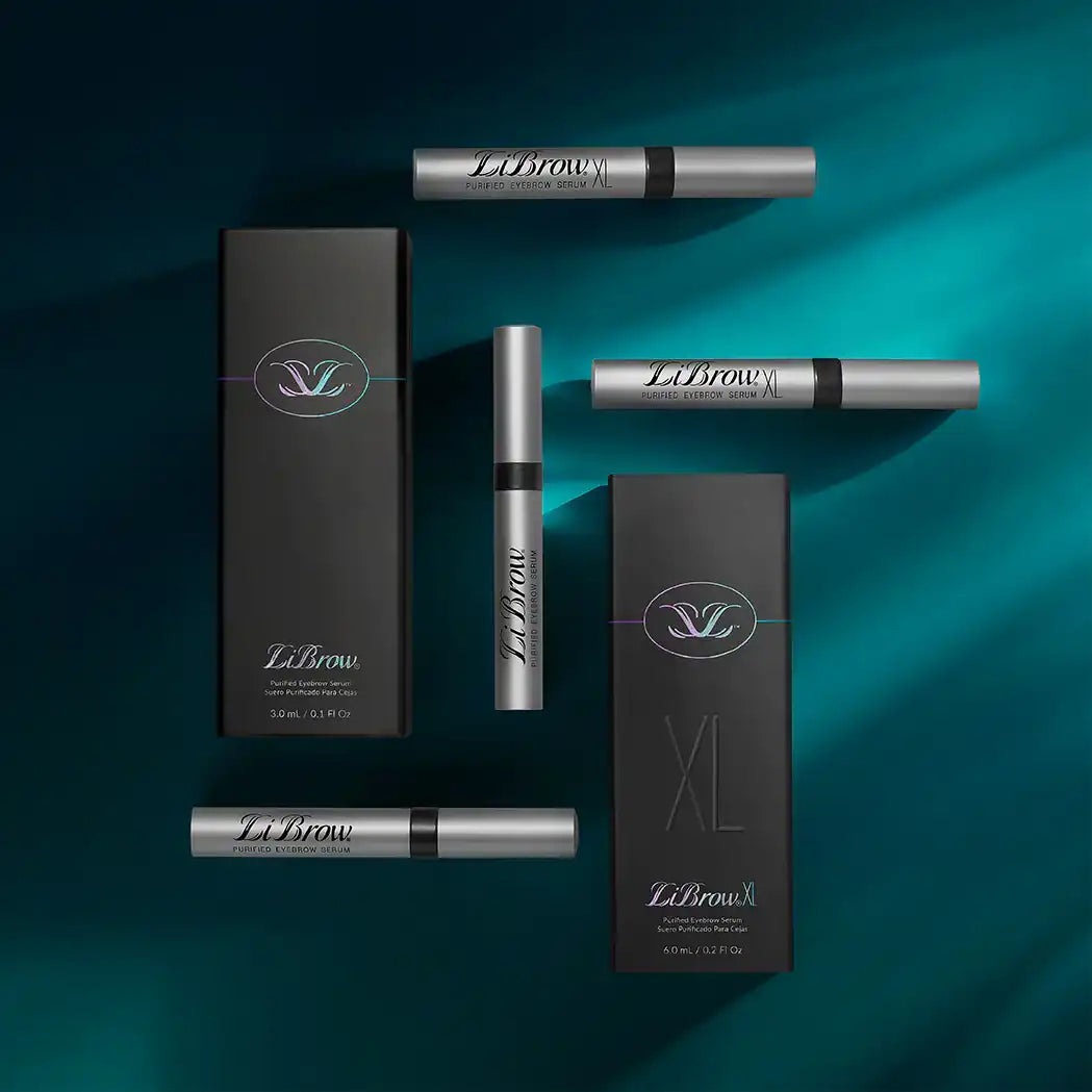 LiBrow purified eyebrow serum products with black packaging and silver tubes on teal background