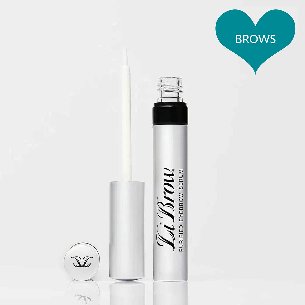 Purified eyebrow serum tube with applicator for fuller, defined brows on white background