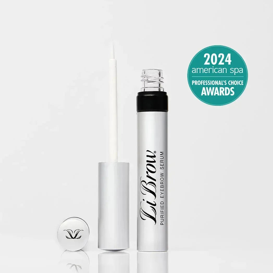 Open LiBrow purified eyebrow serum tube with applicator against white background and 2024 American Spa award badge