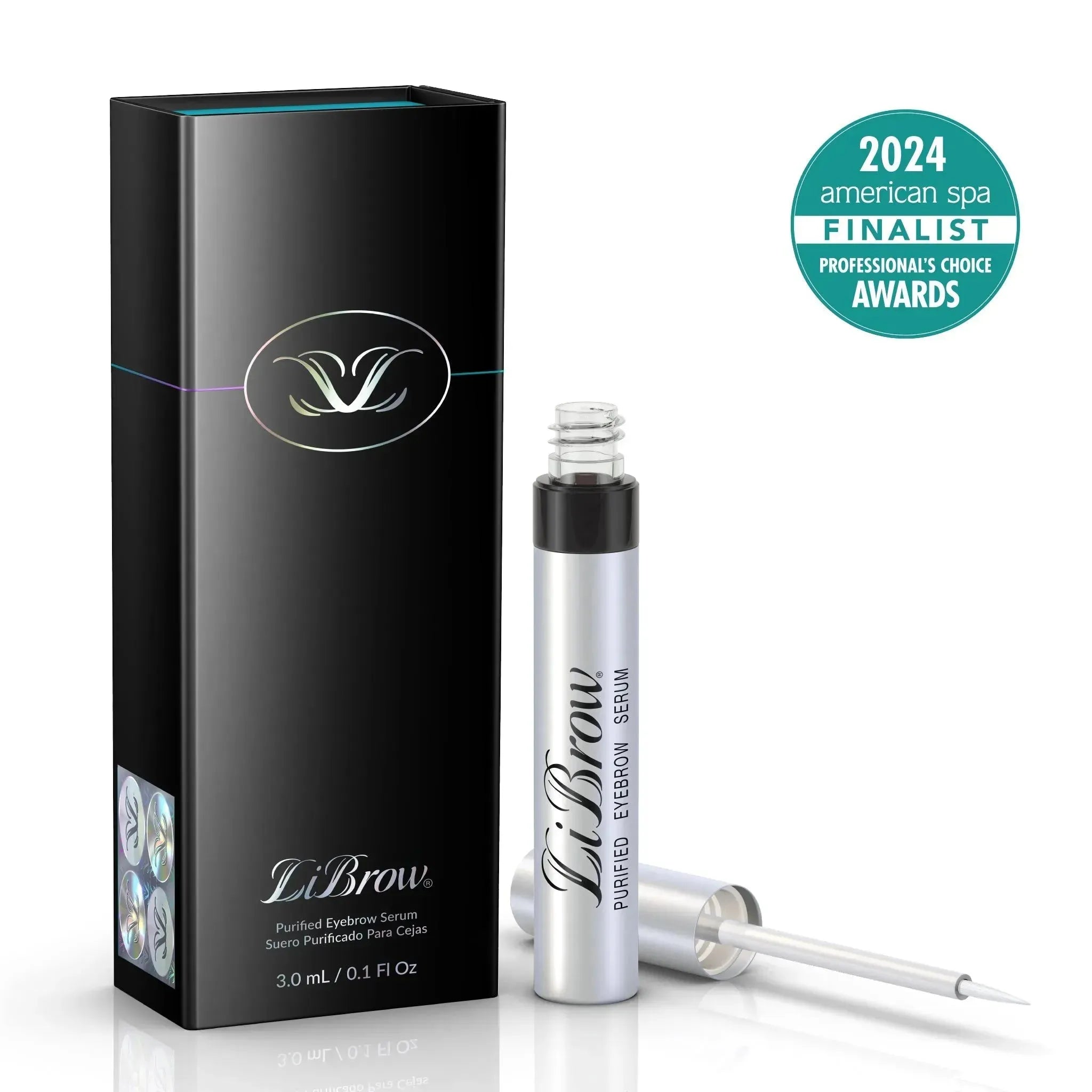 LiBrow purified eyebrow serum bottle and black packaging with 2024 American Spa Award finalist badge