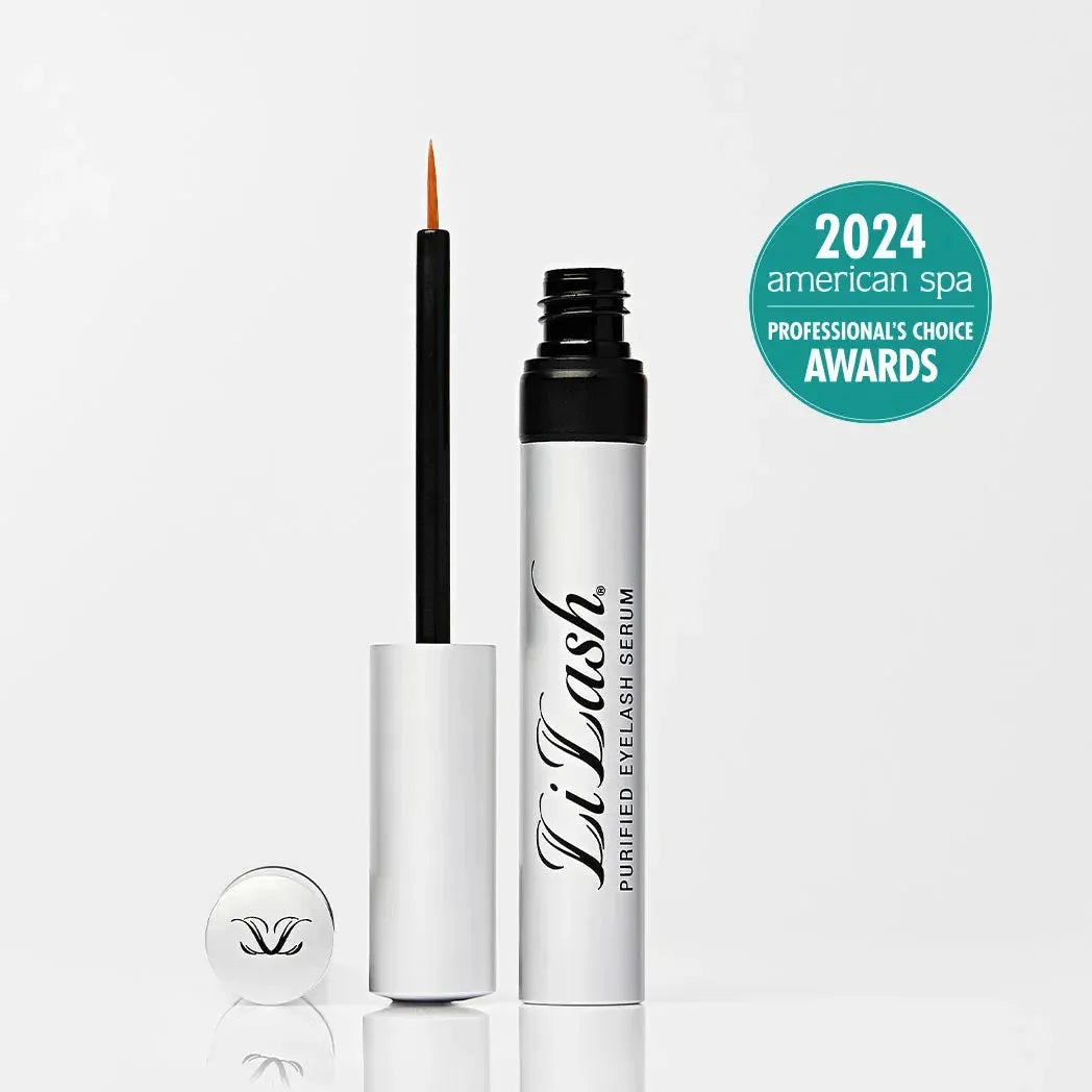 LiLash purified eyelash serum open bottle with brush applicator and 2024 American Spa award badge