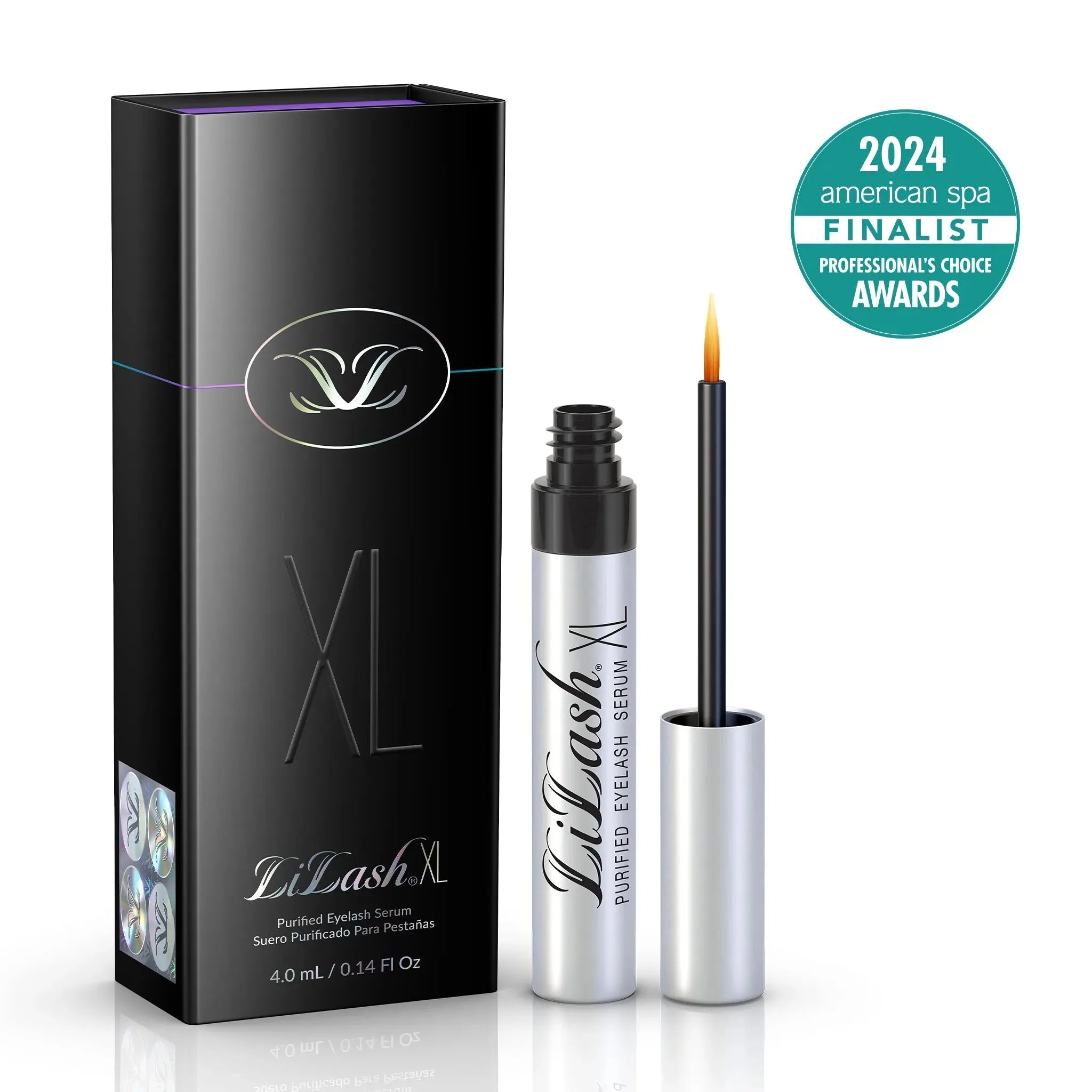 Lilash XL purified eyelash serum with black and silver packaging and 2024 American Spa finalist award badge