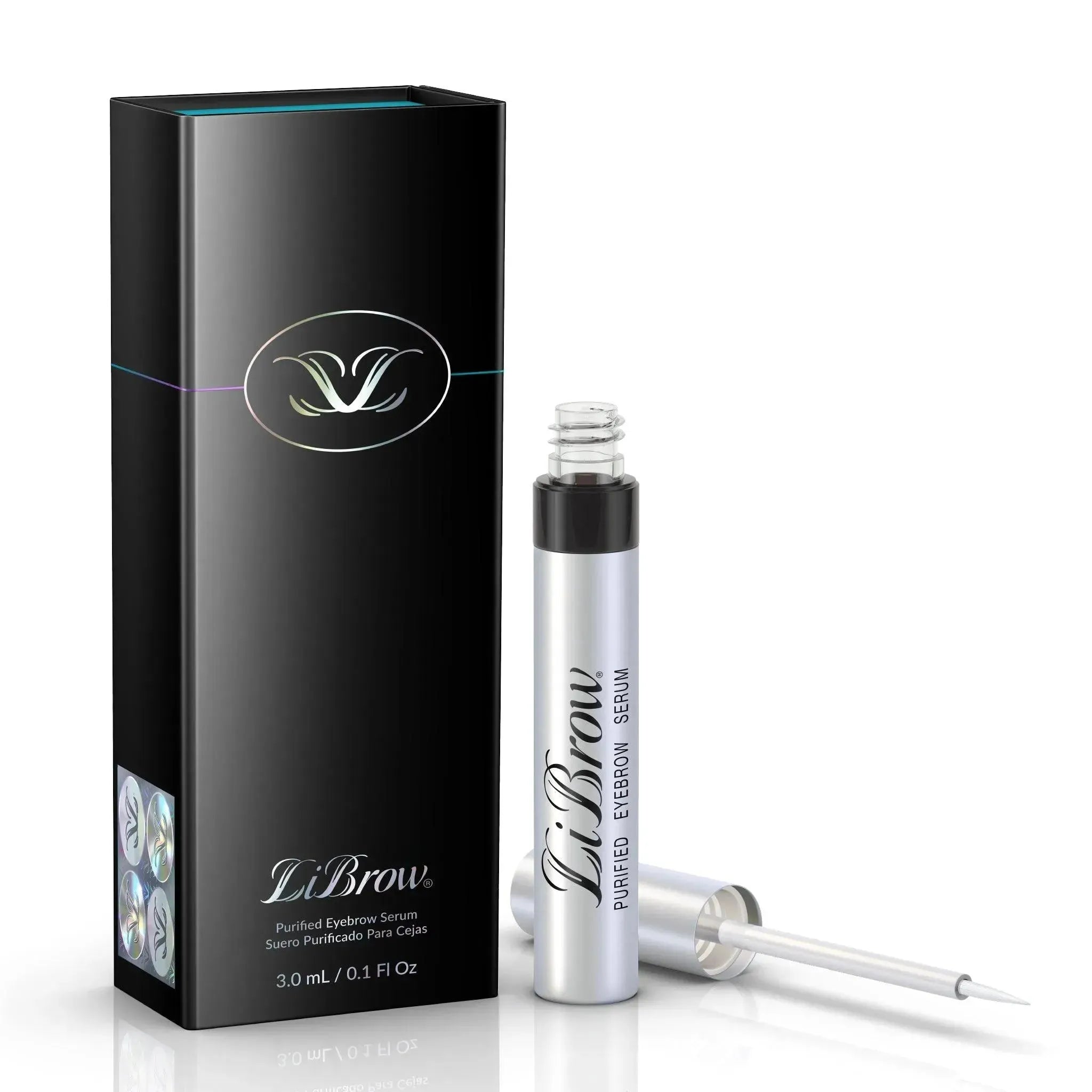 LiBrow purified eyebrow serum in silver tube with brush and black retail box
