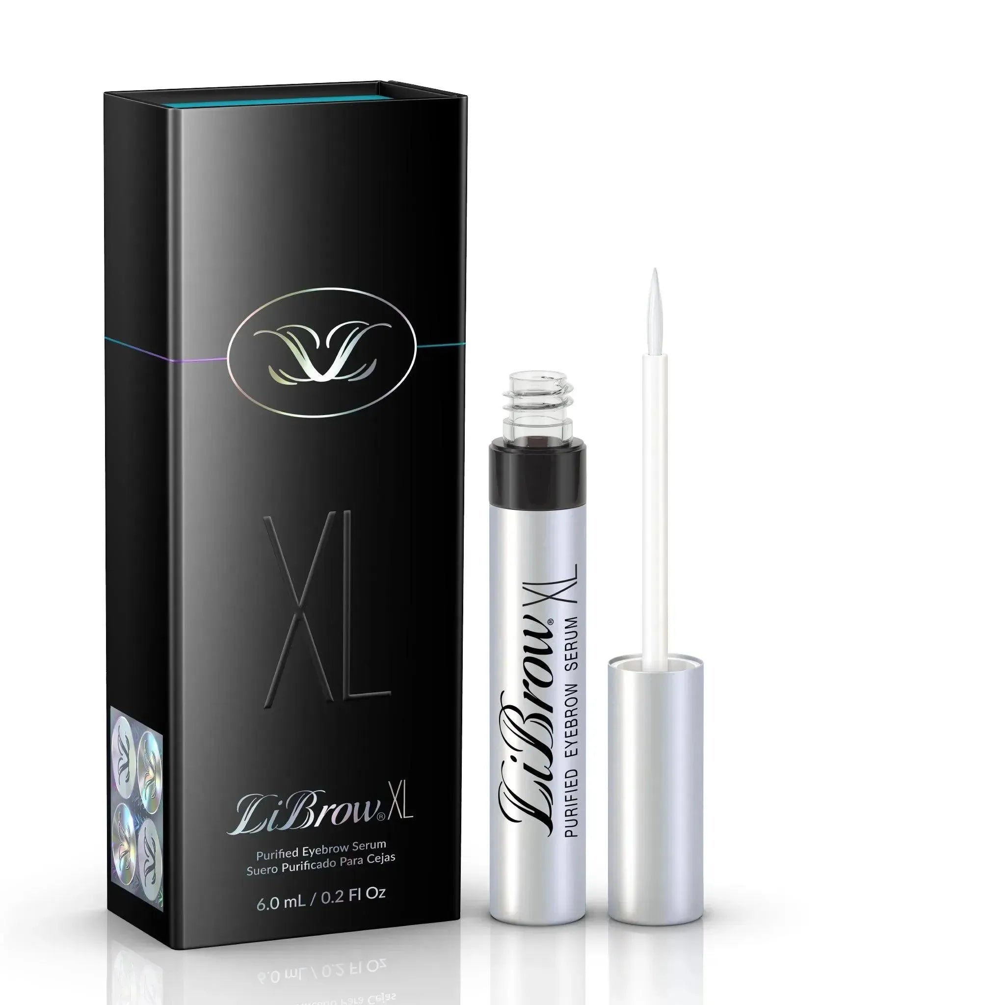 Librow XL purified eyebrow serum with open silver tube and black box packaging