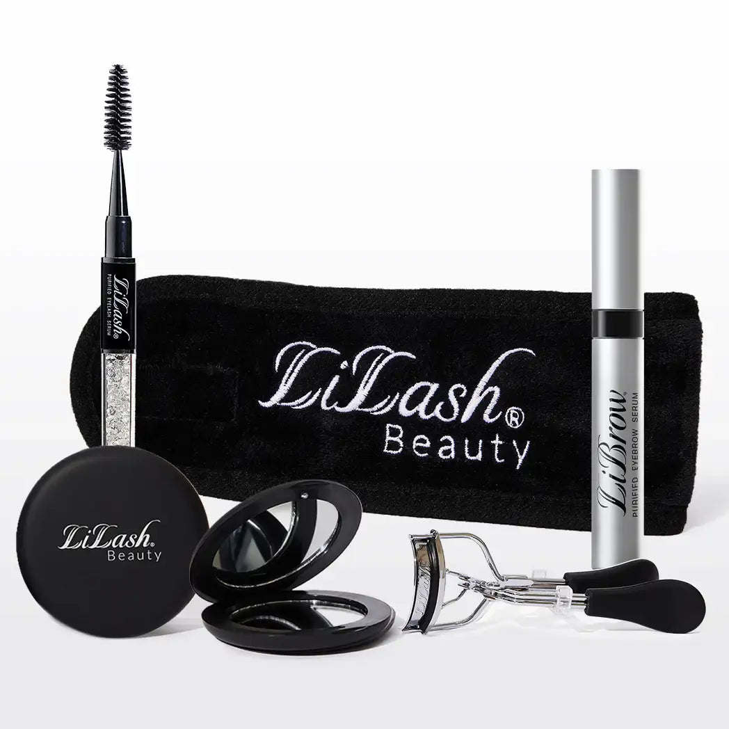 LiLash Beauty lash and brow serum set with applicator, mirror, and eyelash curler on black pouch