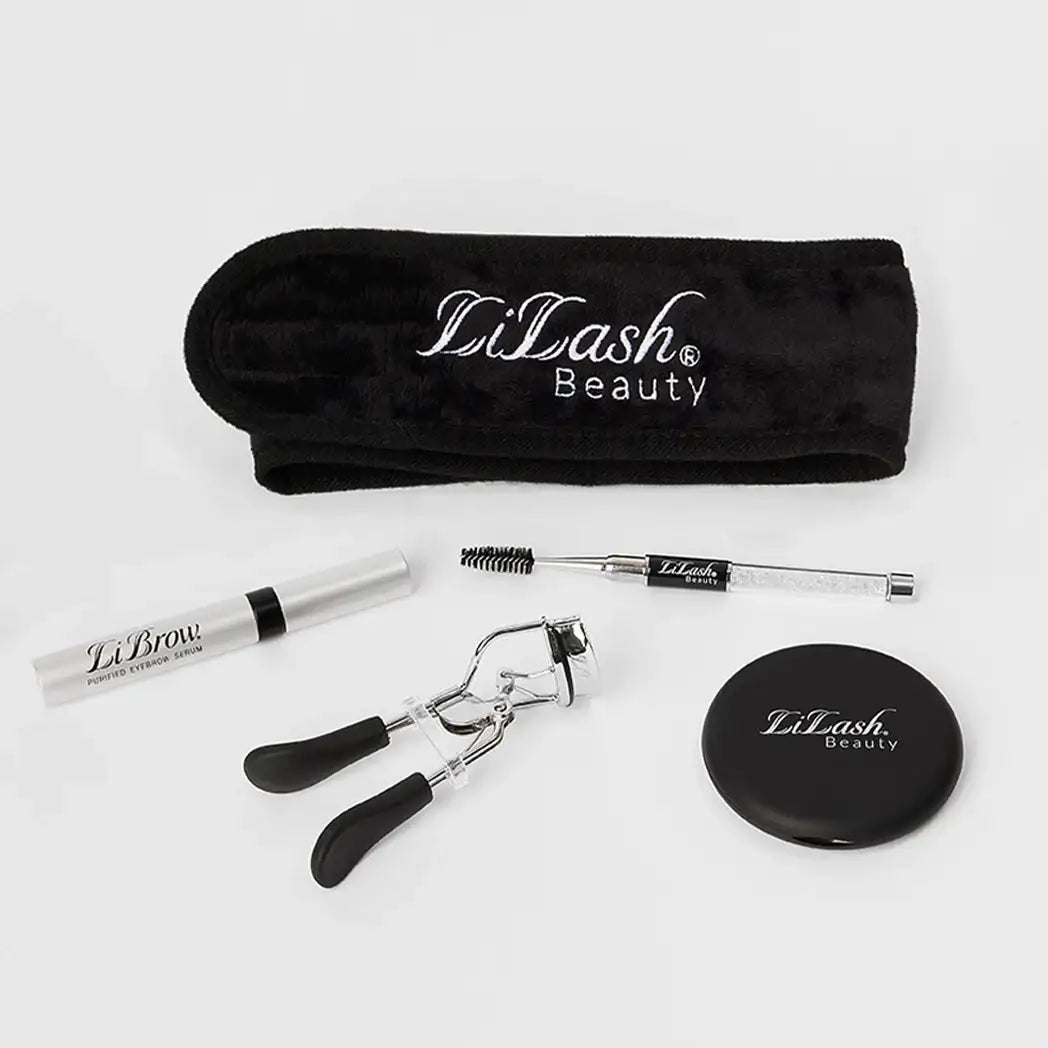 LiLash Beauty lash and brow care set with serum, eyelash curler, spoolie, and branded accessories