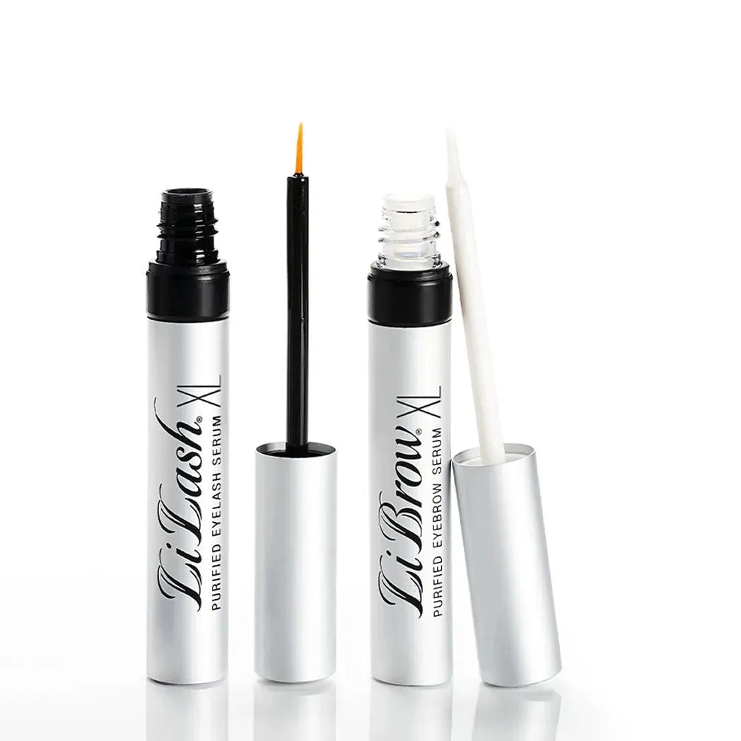Lilash XL purified eyelash serum and Librow XL purified eyebrow serum with applicators on white background