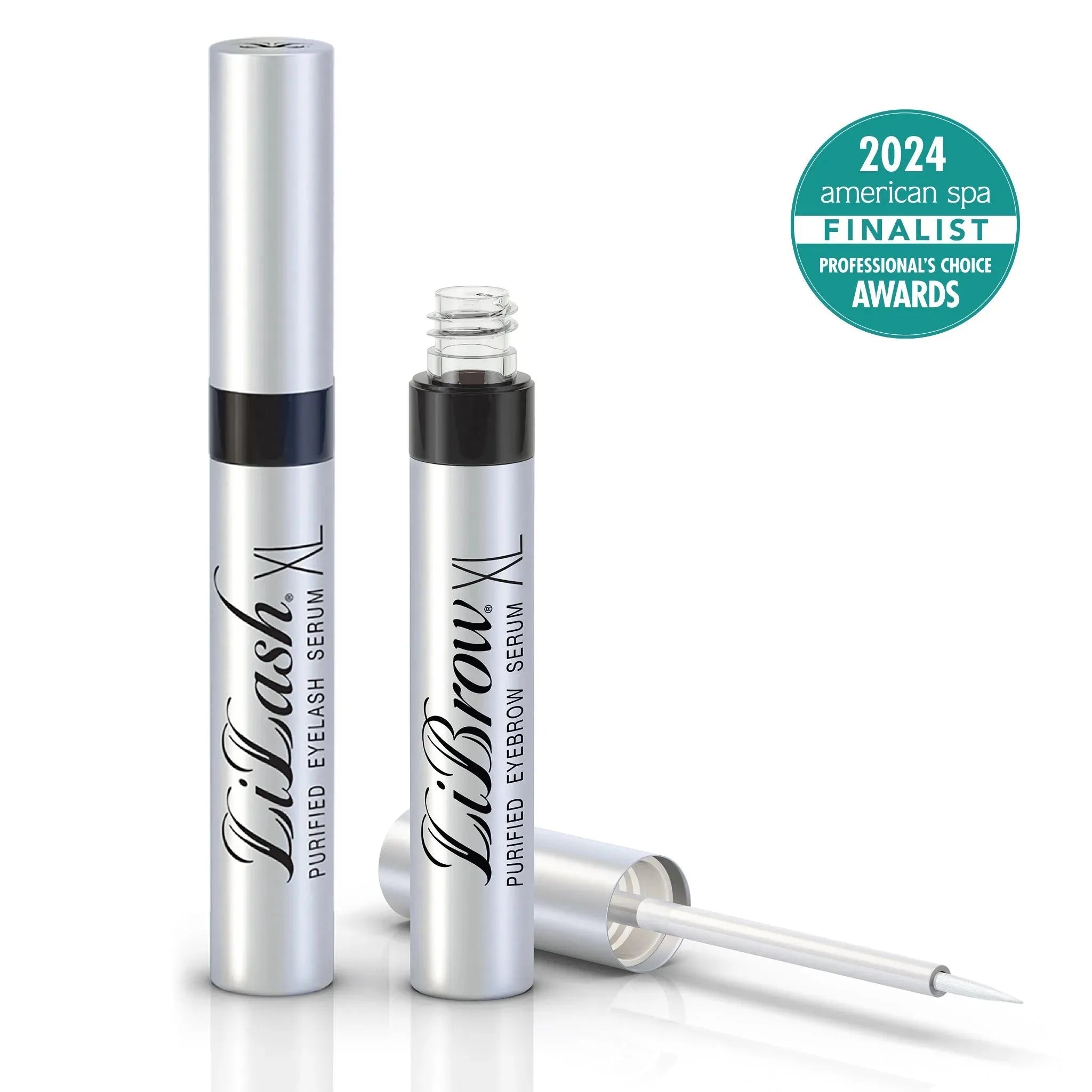 Lilash XL purified eyelash serum and Librow XL purified eyebrow serum silver tubes with 2024 American Spa finalist badge