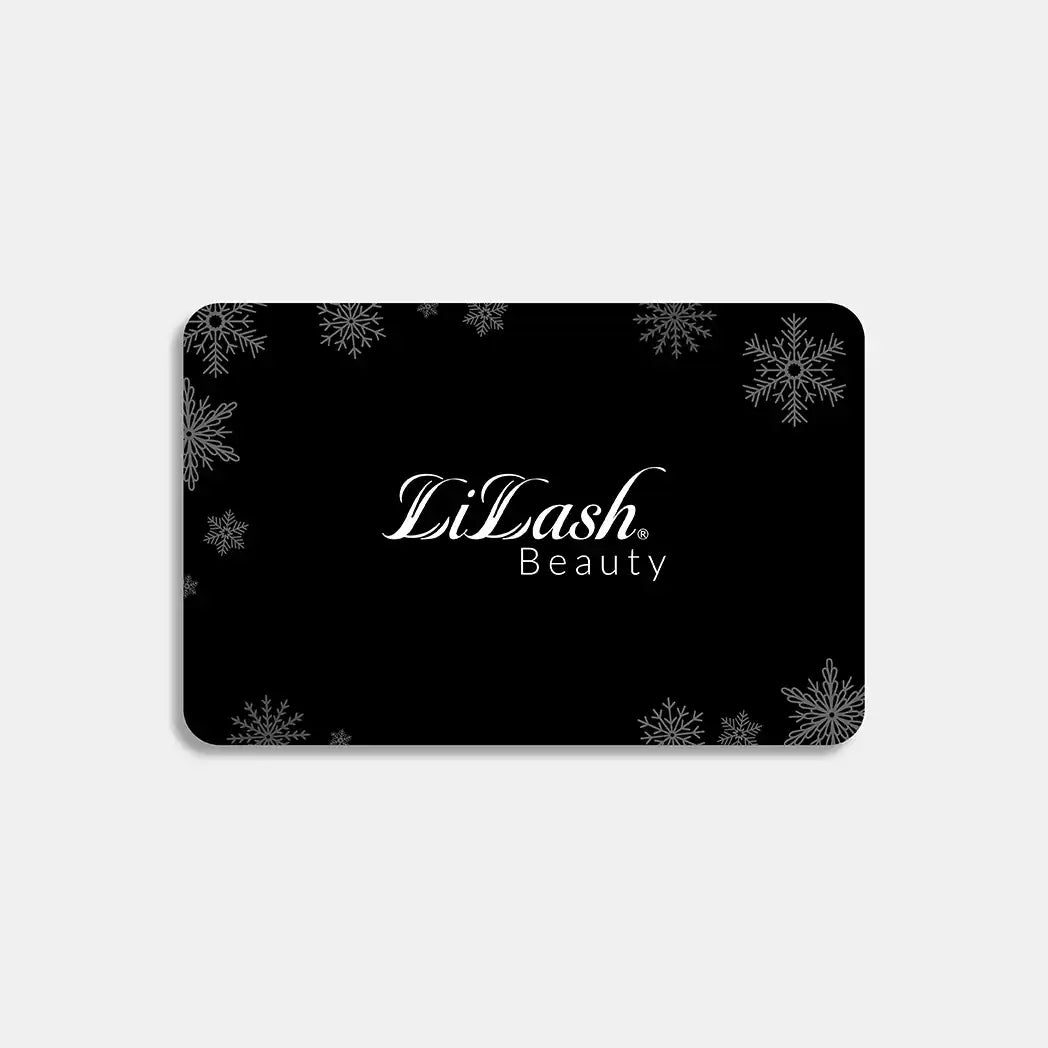 Black Lilash Beauty gift card with silver snowflake design on a light gray background