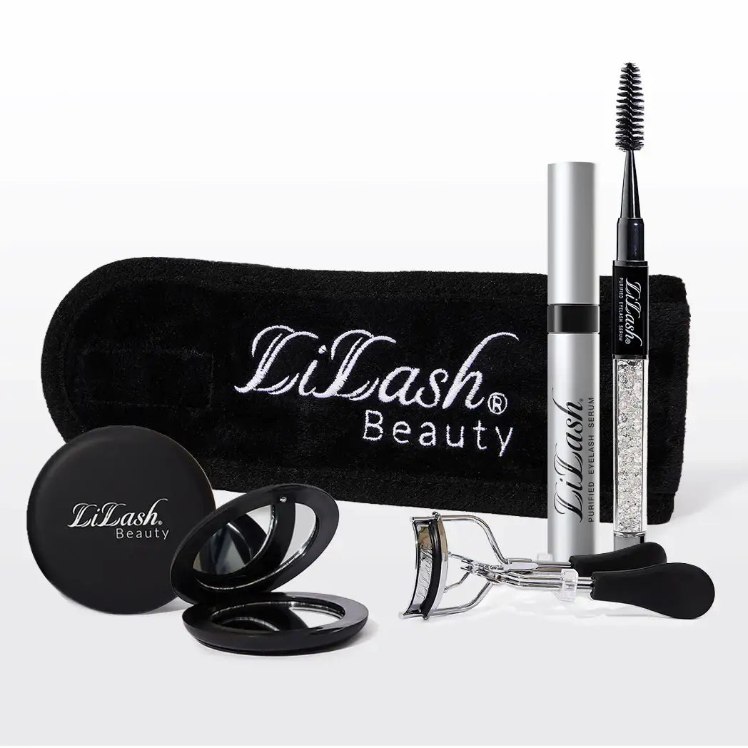 LiLash Beauty eyelash serum bundle including silver tube serum, black lash comb, eyelash curler, compact mirror, and branded black velvet pouch