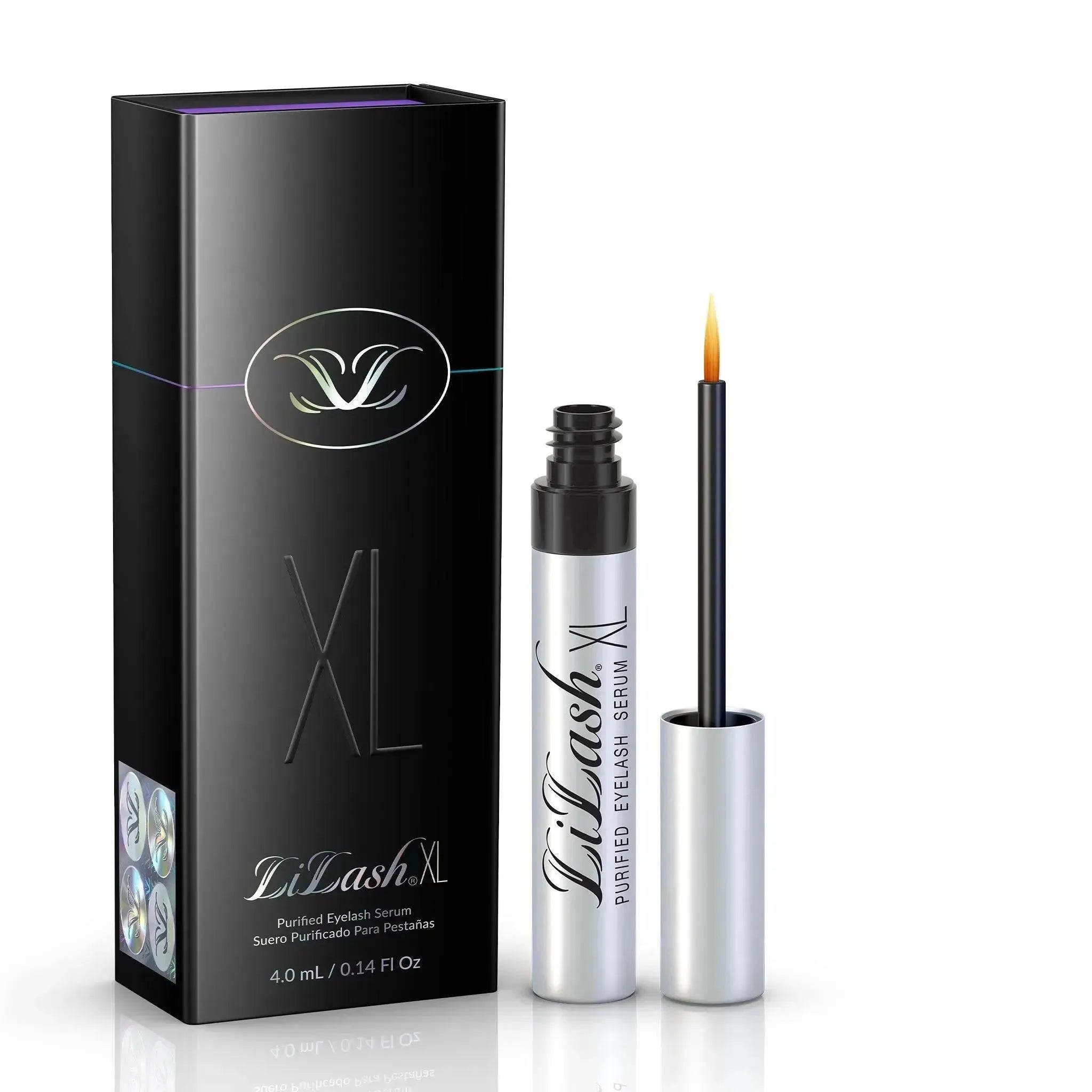 LiLash XL Purified Eyelash Serum bottle with brush applicator and black packaging box