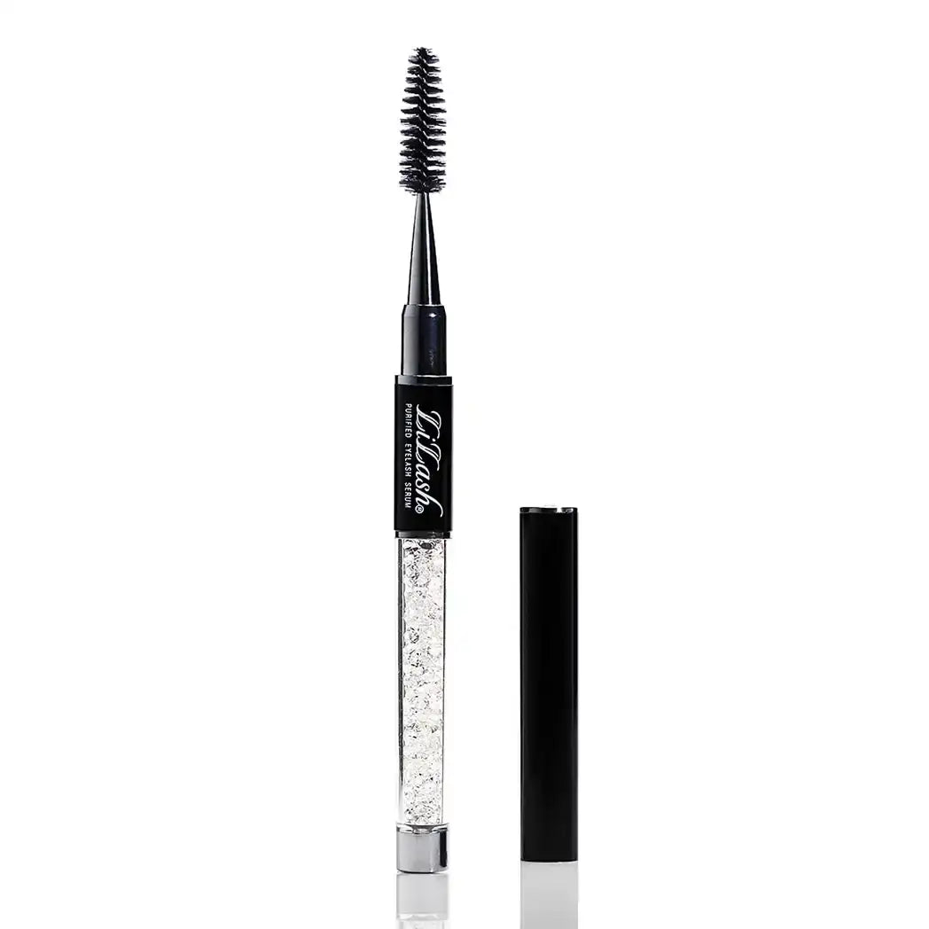 DiLash purified eyelash serum with clear gel and black spoolie brush on white background