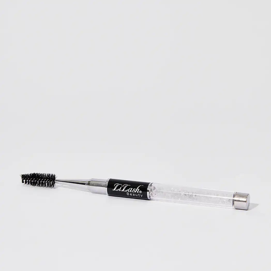 Lilash Beauty eyelash spoolie brush with black bristles and clear handle with crystals