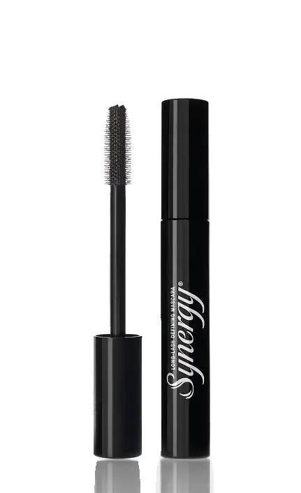 Synergy Long-Lash Defining Mascara with wand and tube on a black background.