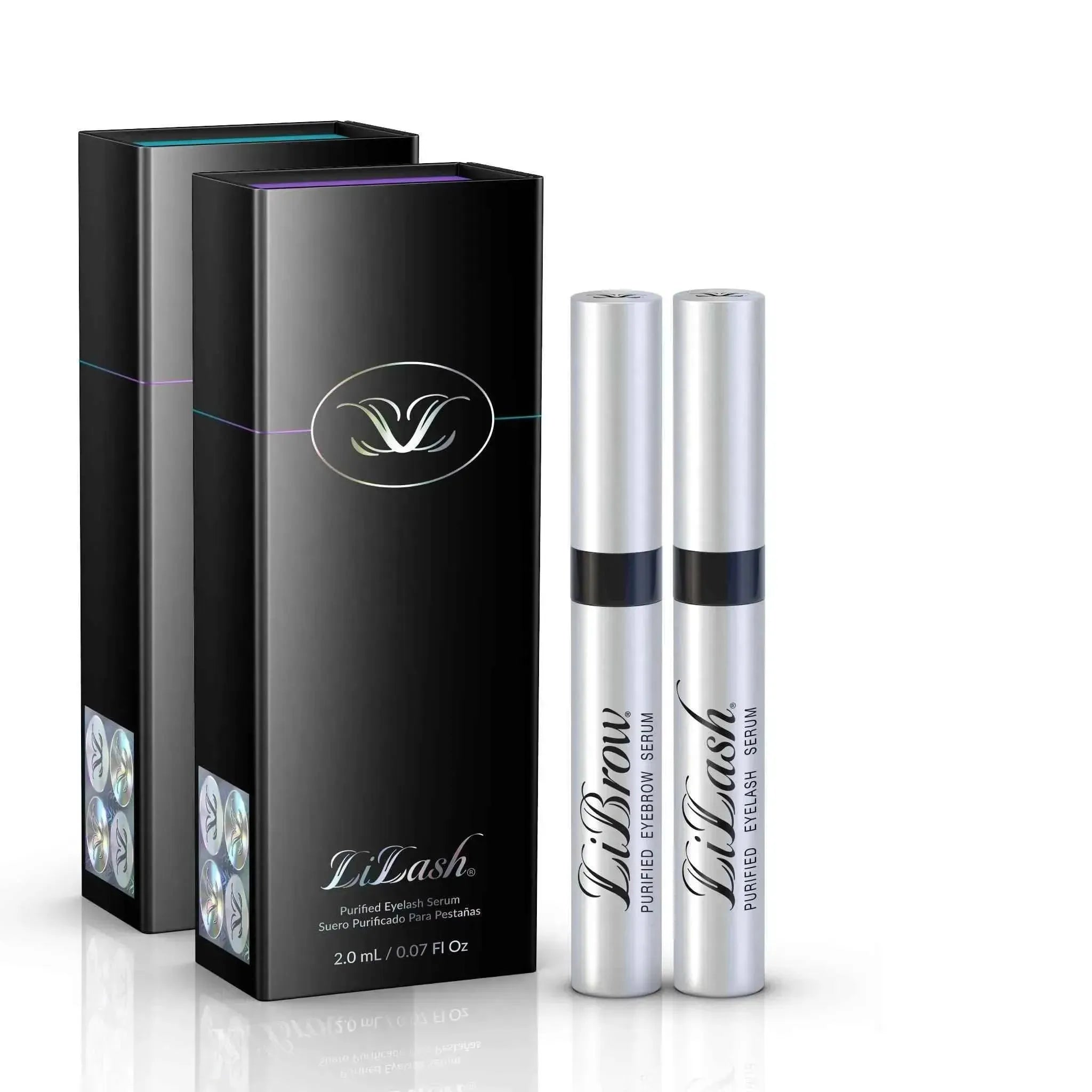LiLash and LiBrow purified eyelash and eyebrow serums with black packaging and silver tubes