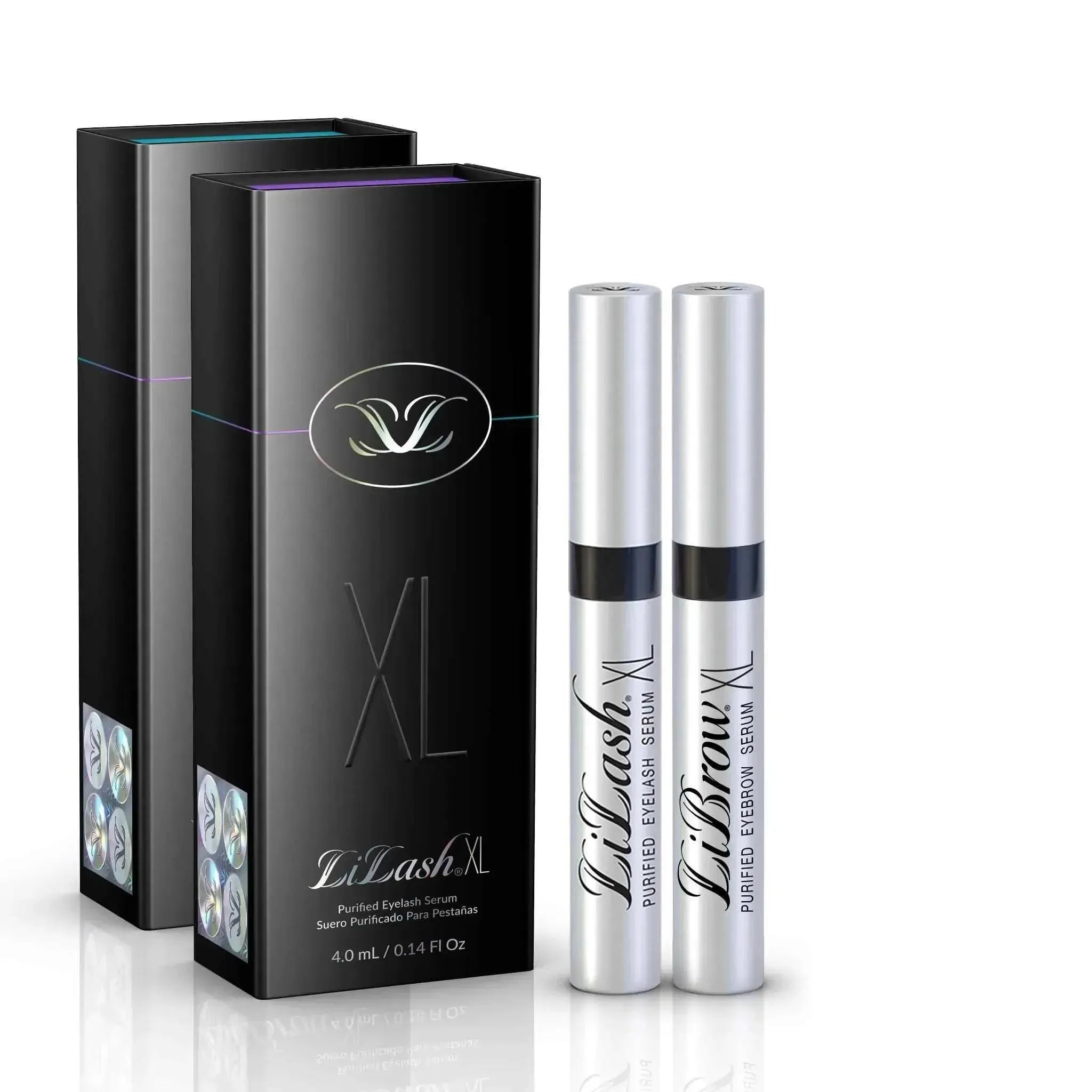 Lilash XL purified eyelash and eyebrow serum set with sleek black packaging and silver applicator tubes