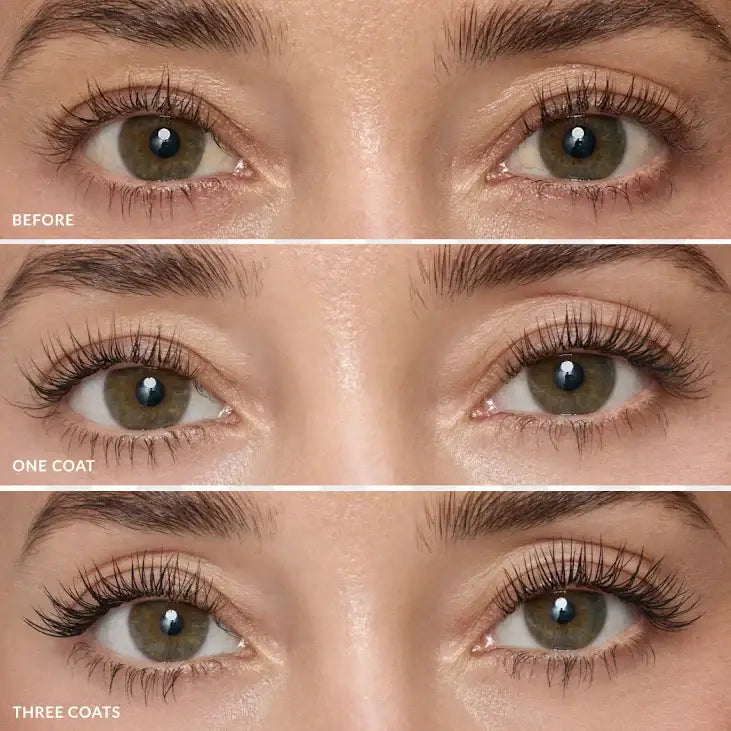 Comparison of LiLash Beauty Synergy Mascara results showing before, one coat, and three coats.