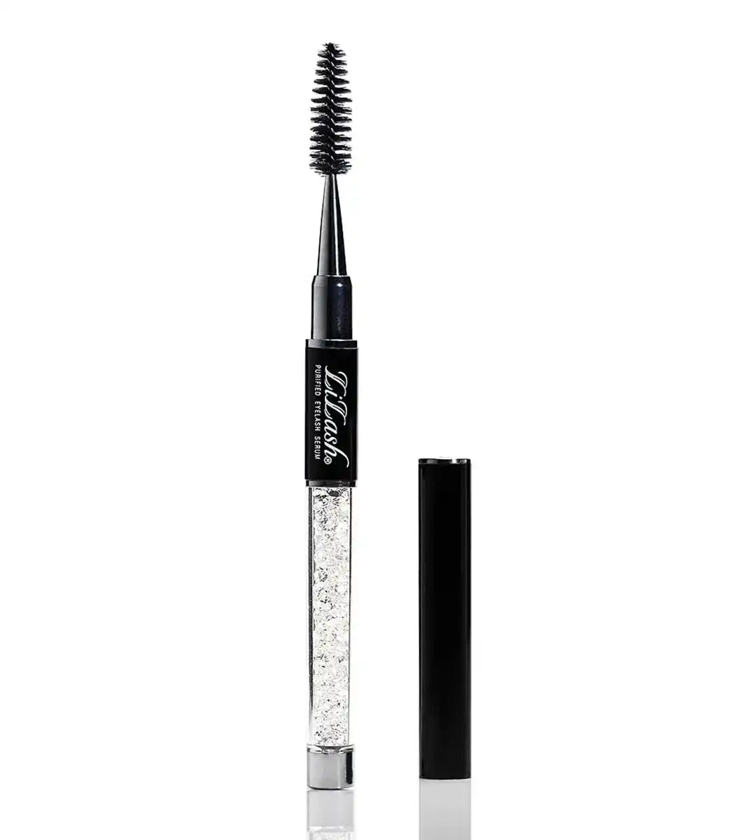 Clear eyebrow and eyelash spoolie wand with black handle and cap on white background