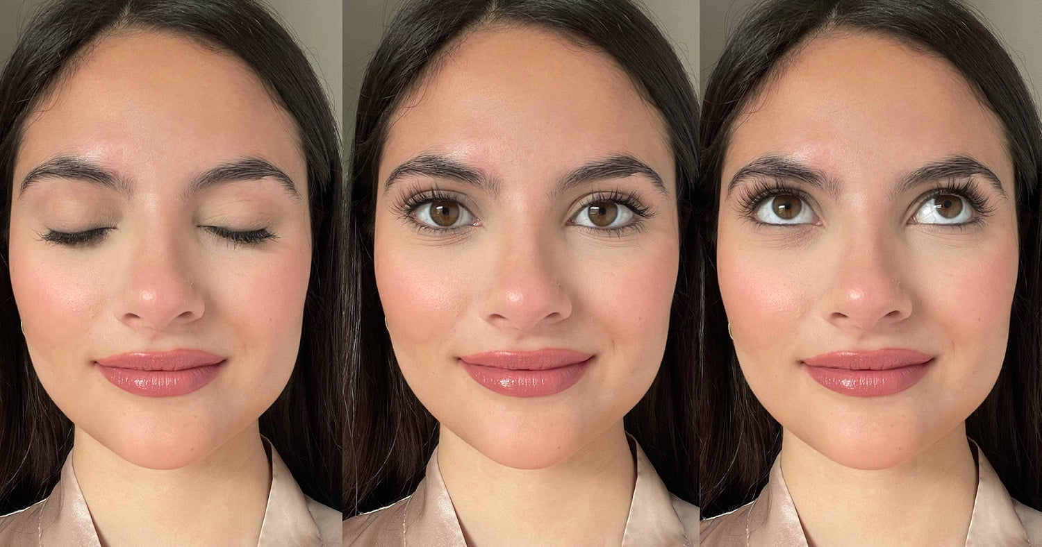 Woman with long lashes and defined brows, showcasing LiLash Beauty serum results, close-up trio