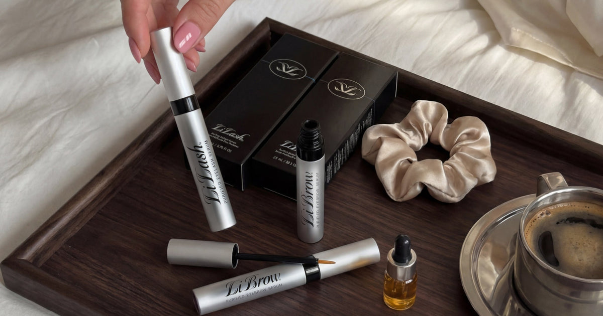 LiLash and LiBrow serums on a vanity counter top for a marketing image featured as the blog header. 