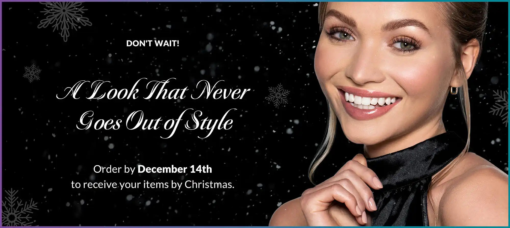 Smiling woman with defined brows and long lashes, festive snowflake background, holiday beauty look