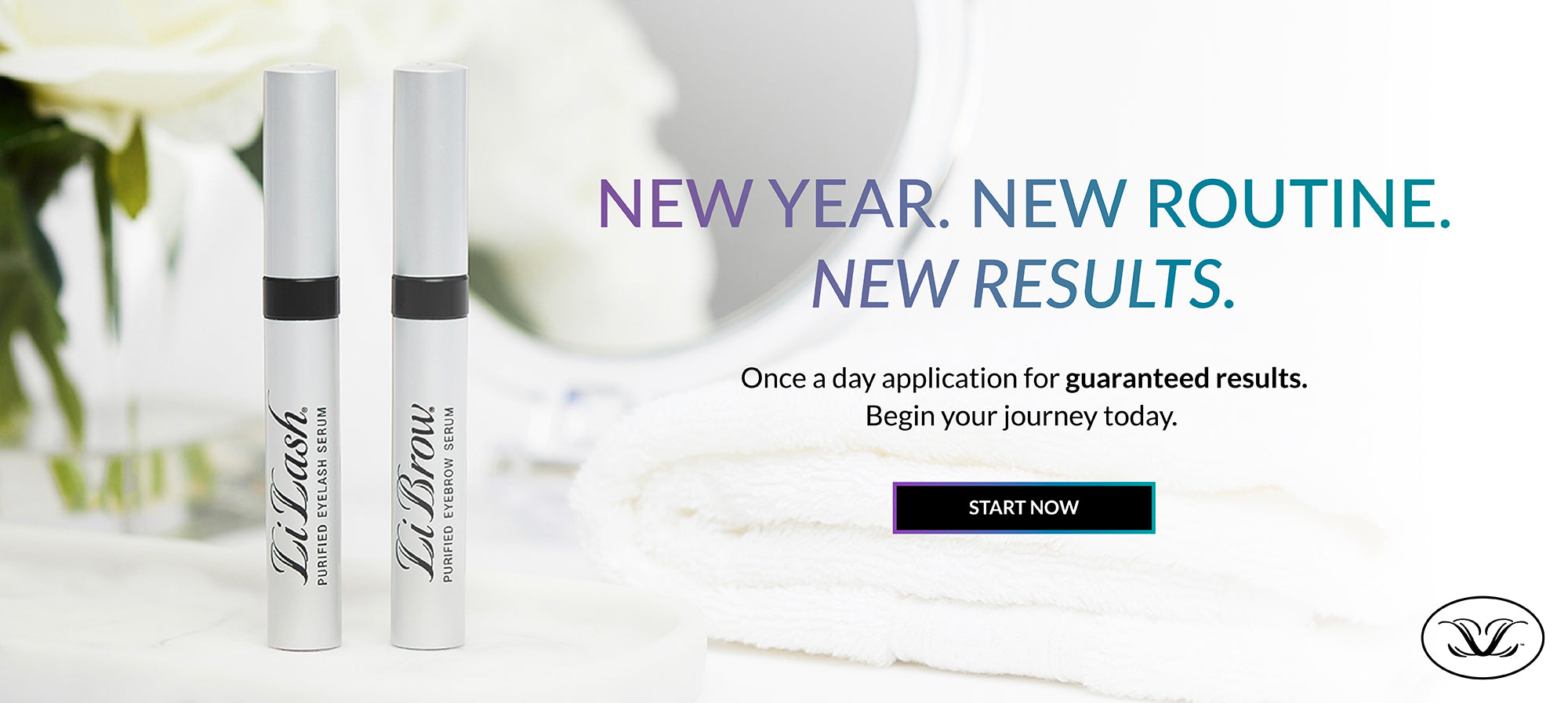 LiLash and LiBrow serums on a bathroom counter with flowers, mirror, and towels, promoting longer lashes and defined brows.