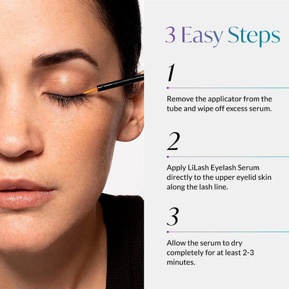 Woman applying eyelash serum with a brush, accompanied by step-by-step instructions on a white background.