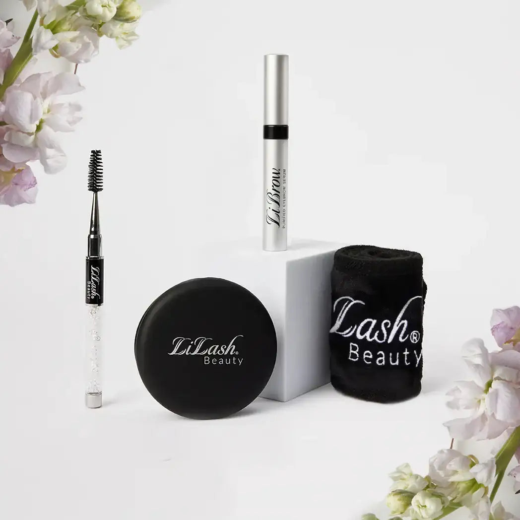 LiBrow serum, brow brush, compact, and headband with flowers on a white background