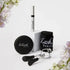 Lash serum, black compact, curler, and headband set on white background with flowers