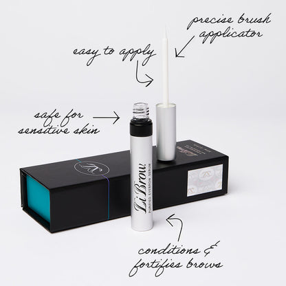 Eyebrow serum with precise brush applicator, safe for sensitive skin, conditions brows.