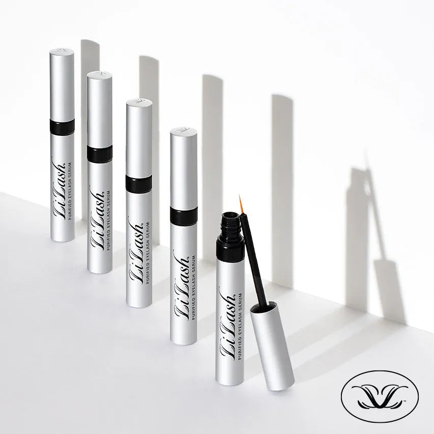 LiLash purified eyelash serum tubes with applicator, sleek silver design for longer, fuller lashes
