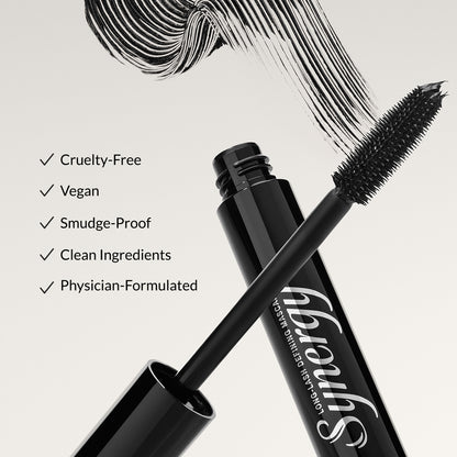 Synergy Long Last Slimming Mascara in a black tube with the wand applicator shown, featuring a black mascara swatch on a light gray background with product feature text.