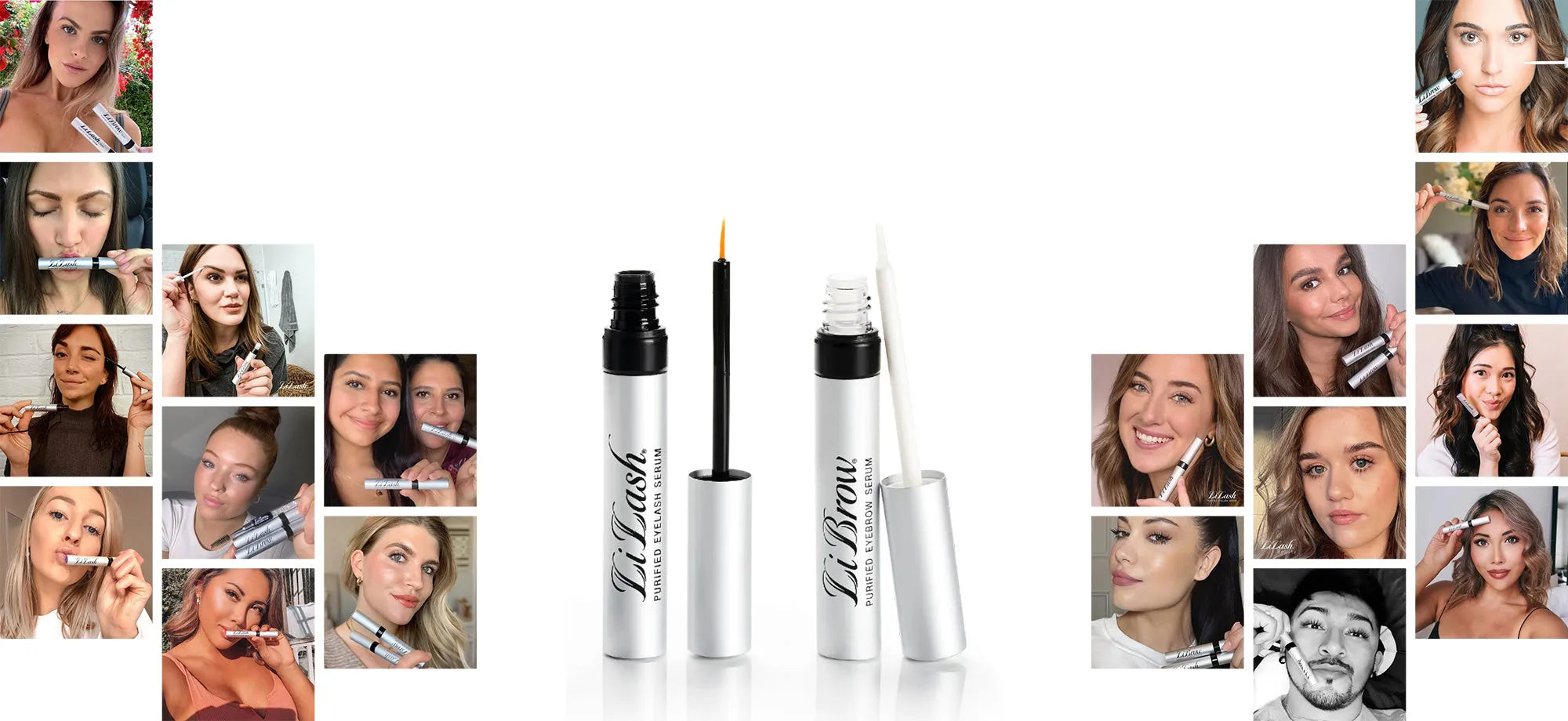 LiLash eyelash and LiBrow eyebrow serums with before-after results showing fuller lashes and defined brows