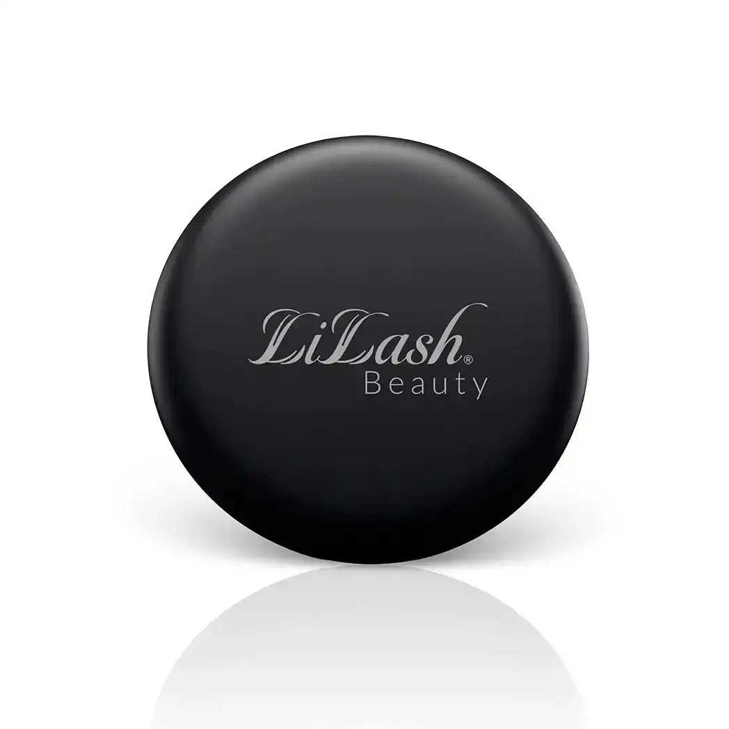 LiLash Beauty logo on sleek black circular lid, minimalist design for lash and brow serums