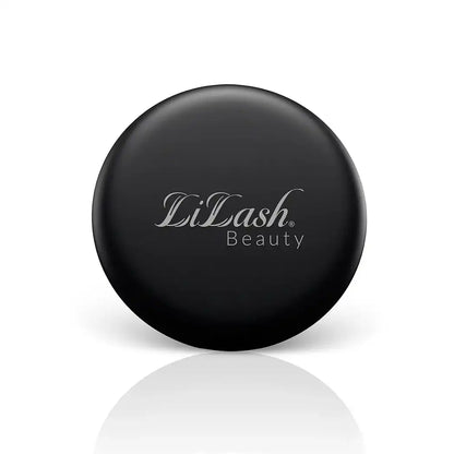 Round black compact mirror with Lilash Beauty logo on white background