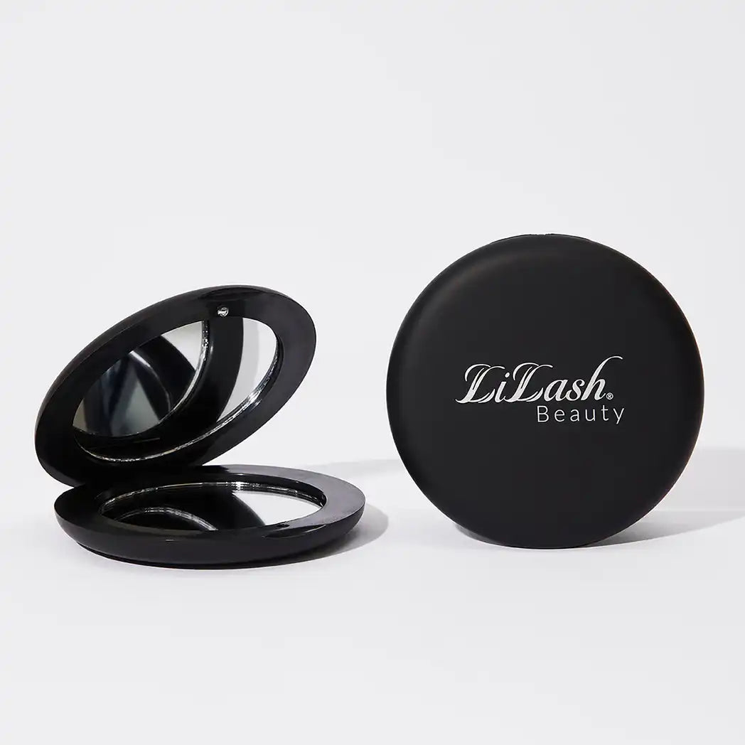 Black round compact mirror with Lilash Beauty logo, shown open and closed on white background