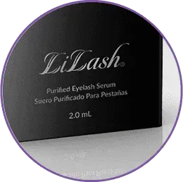 Purified eyelash serum in sleek black packaging, 2.0 mL bottle for fuller lashes