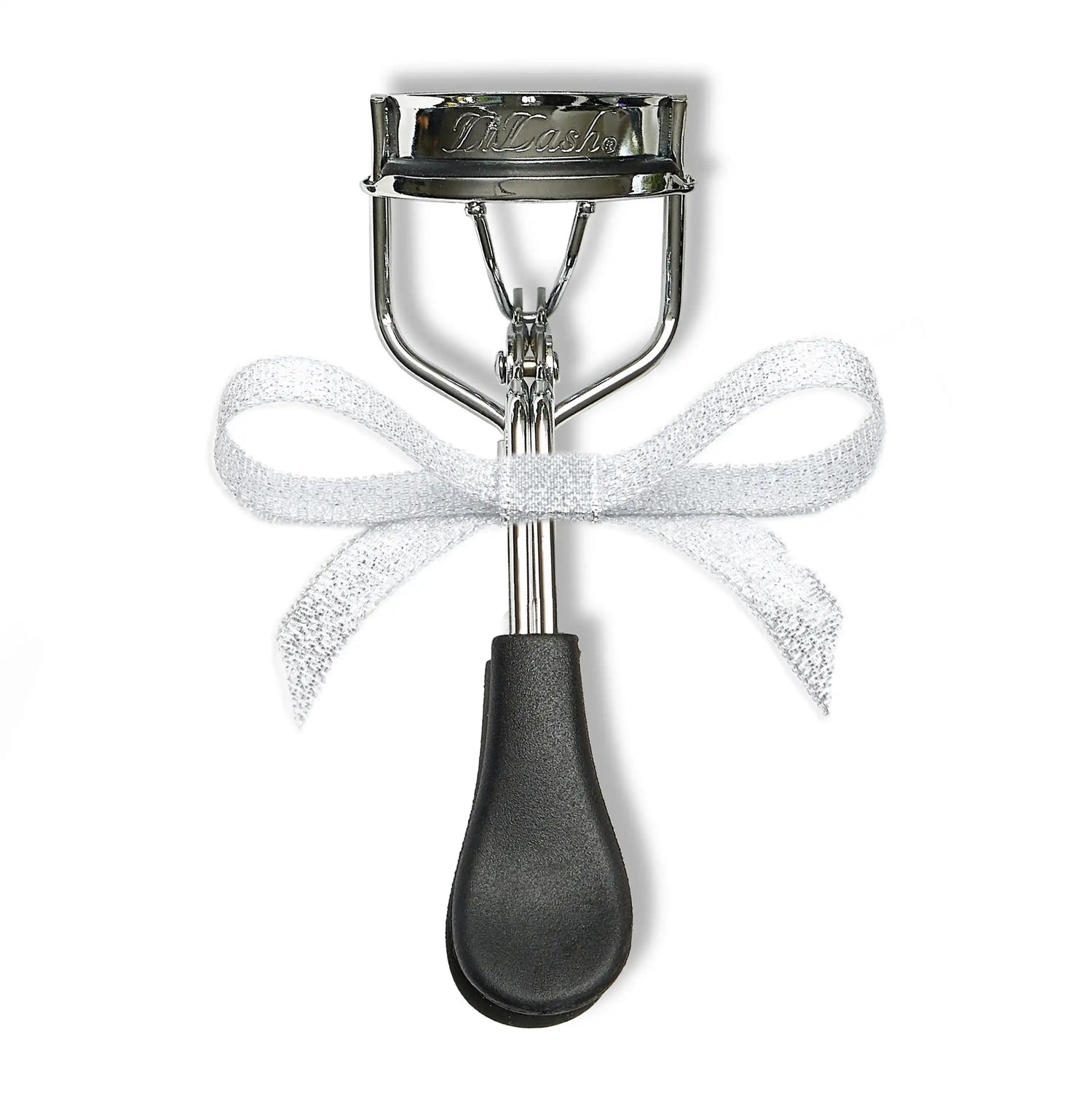 Metal eyelash curler with black handle and white bow on white background