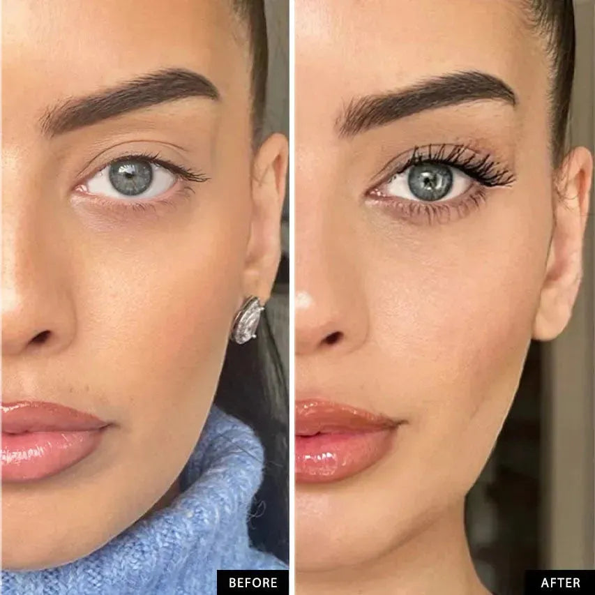 Before and after eyelash growth serum results showing longer, fuller lashes