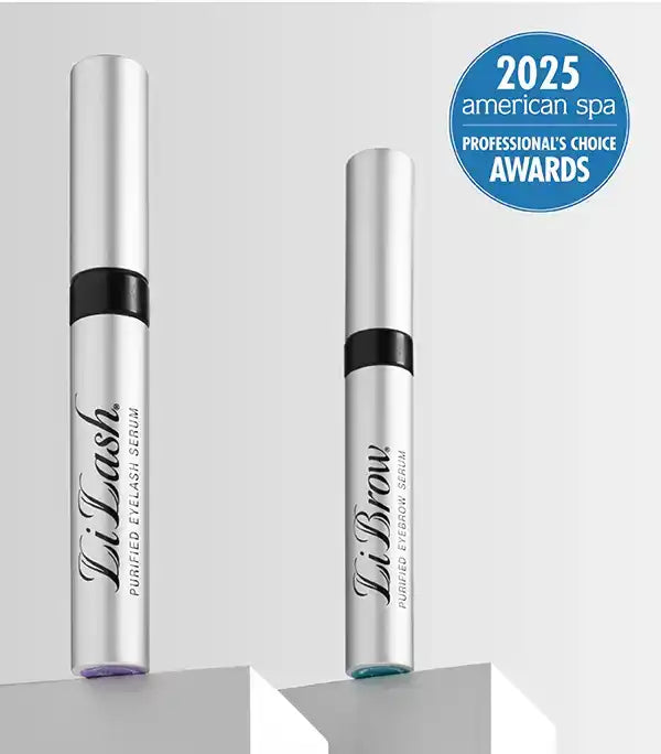 Lilash purified eyelash serum and Librow purified eyebrow serum tubes with 2025 American Spa professional&