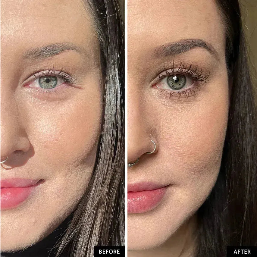 Before and after lash growth serum results showing longer, fuller eyelashes and defined brows